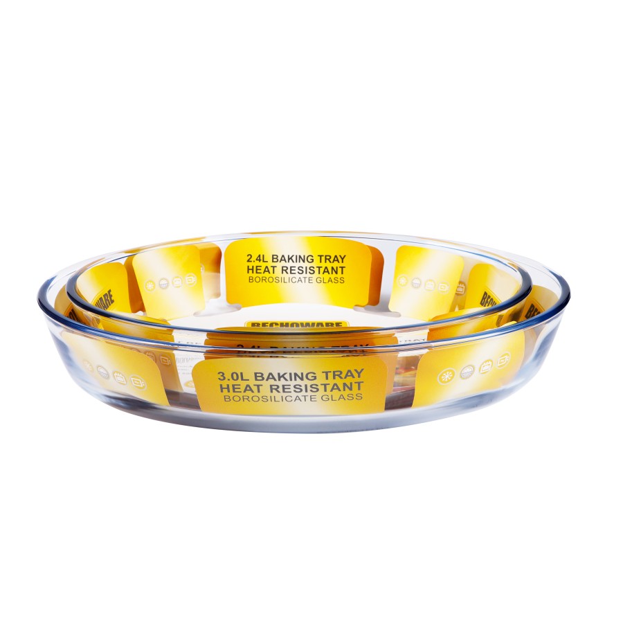 BECHOWARE 2pc Combo Set 2.4L & 3L Glass Oval Baking Tray