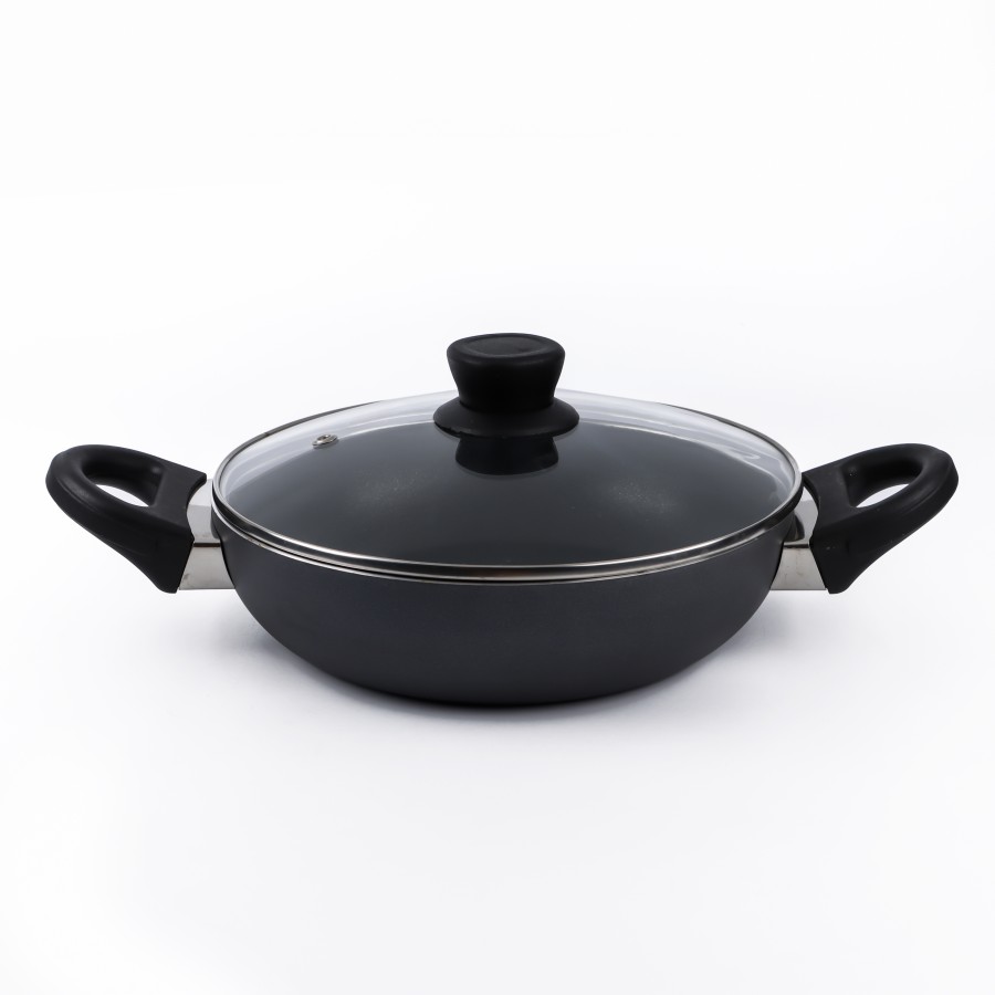 KITCHENMARK 2-way Non Stick Deep Kadai with glass Lid 24cm - Black