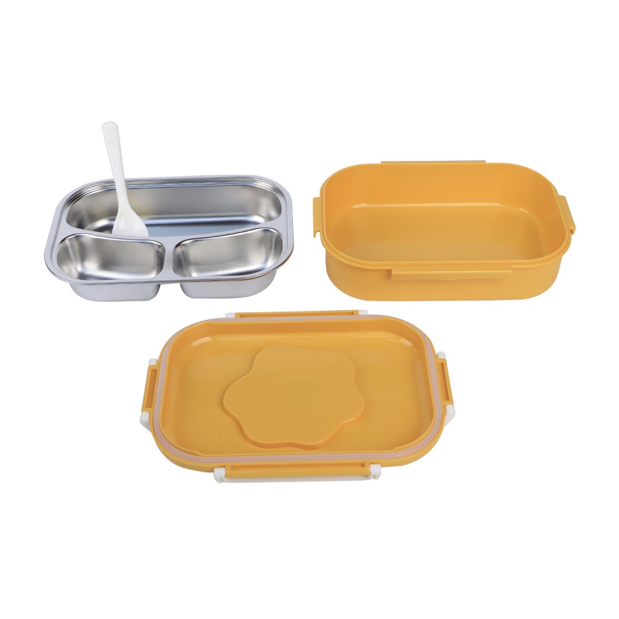 Generic 3 Compartment Stainless Steel Interior with Plastic Exterior Airtight Lunch Box 24cm- Yellow