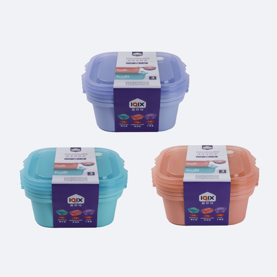 Generic Plastic Square 3pc Microwavable Food Storage Container 1300ml - 3 Color Pack