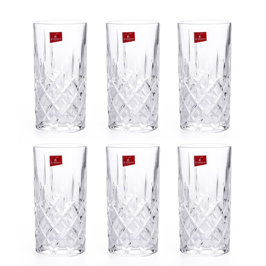 BLINKMAX 6pc Designer Glass Tumbler Set Transparent Drinkware 440ml