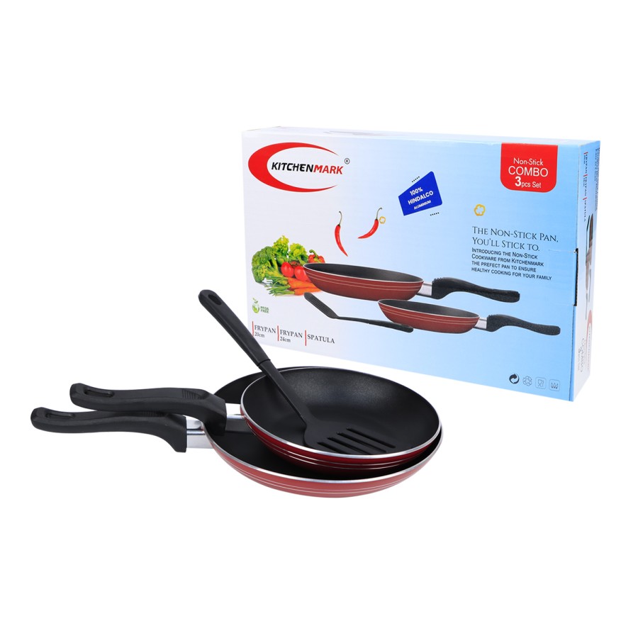 KITCHENMARK 3pc Nonstick Frying Pans Spatula Cookware Set - Red