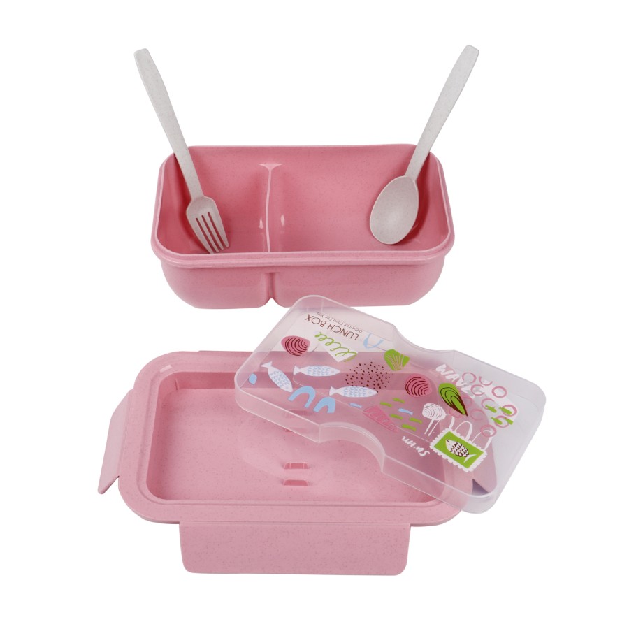 Generic Plastic Rectangular Airtight Lunch Box With Plastic Fork And Spoon 21cm - Pink