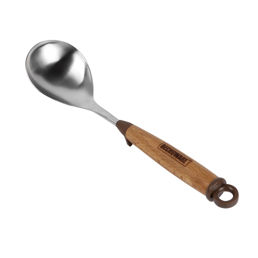 BECHOWARE Stainless Steel Wooden Handle Basting Serving Spoon 31cm