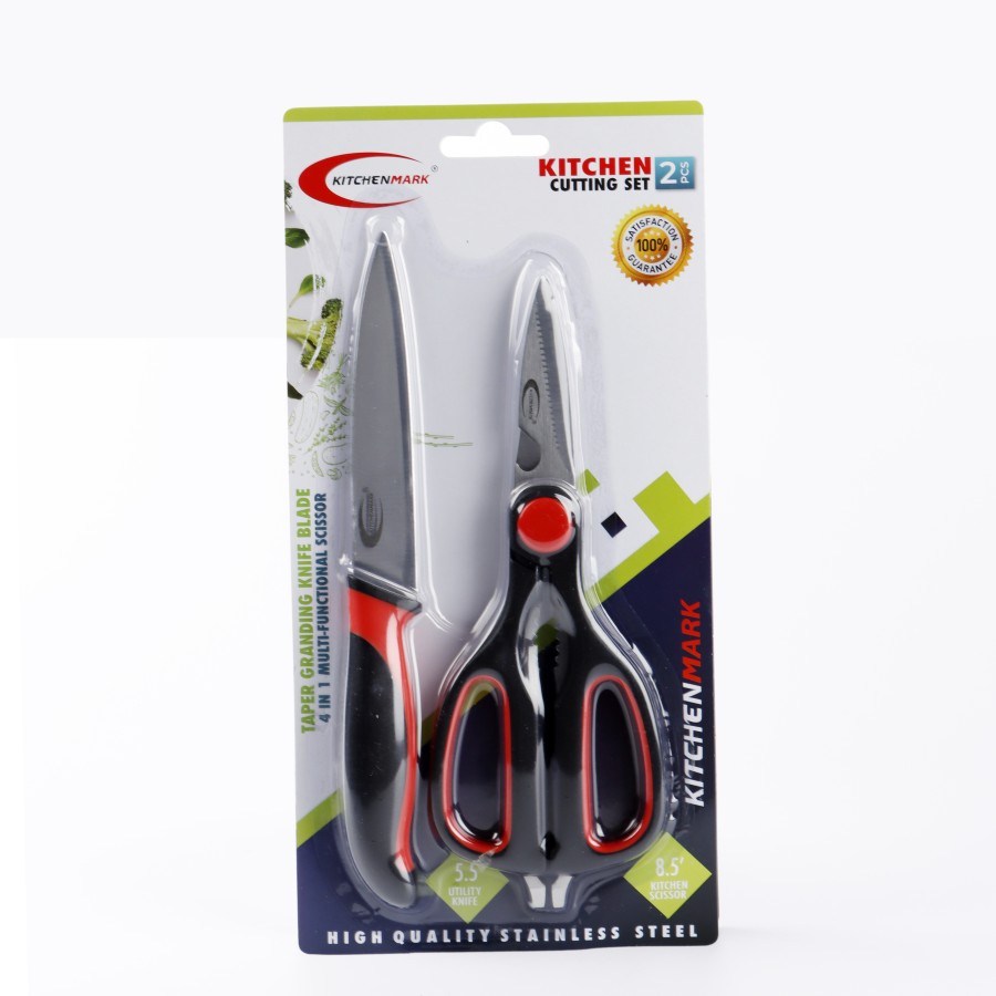 KITCHENMARK Stainless Steel Kitchen Scissors & Utility Knife 2pc Combo Pack - Red