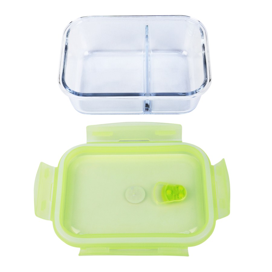 Generic Glass Storage Rectangular 2 Compartment Food Container 1040ml - Green