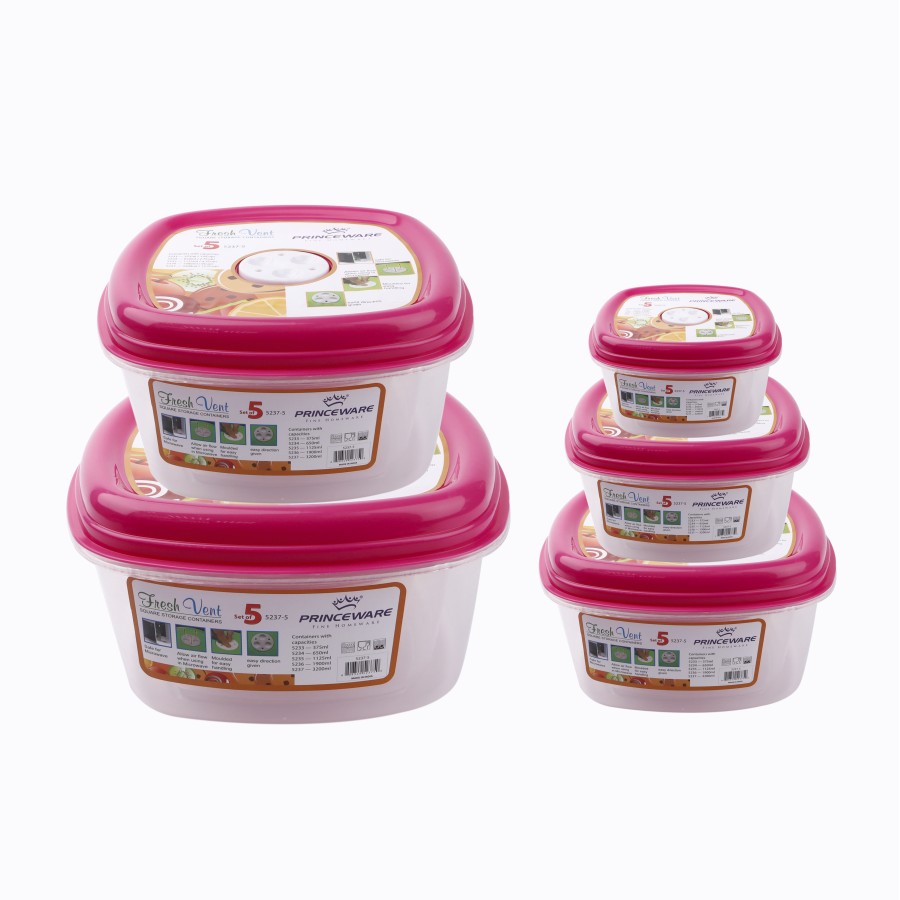 PRINCEWARE Fresh Vent Square Storage Containers Set of 5 - Pink