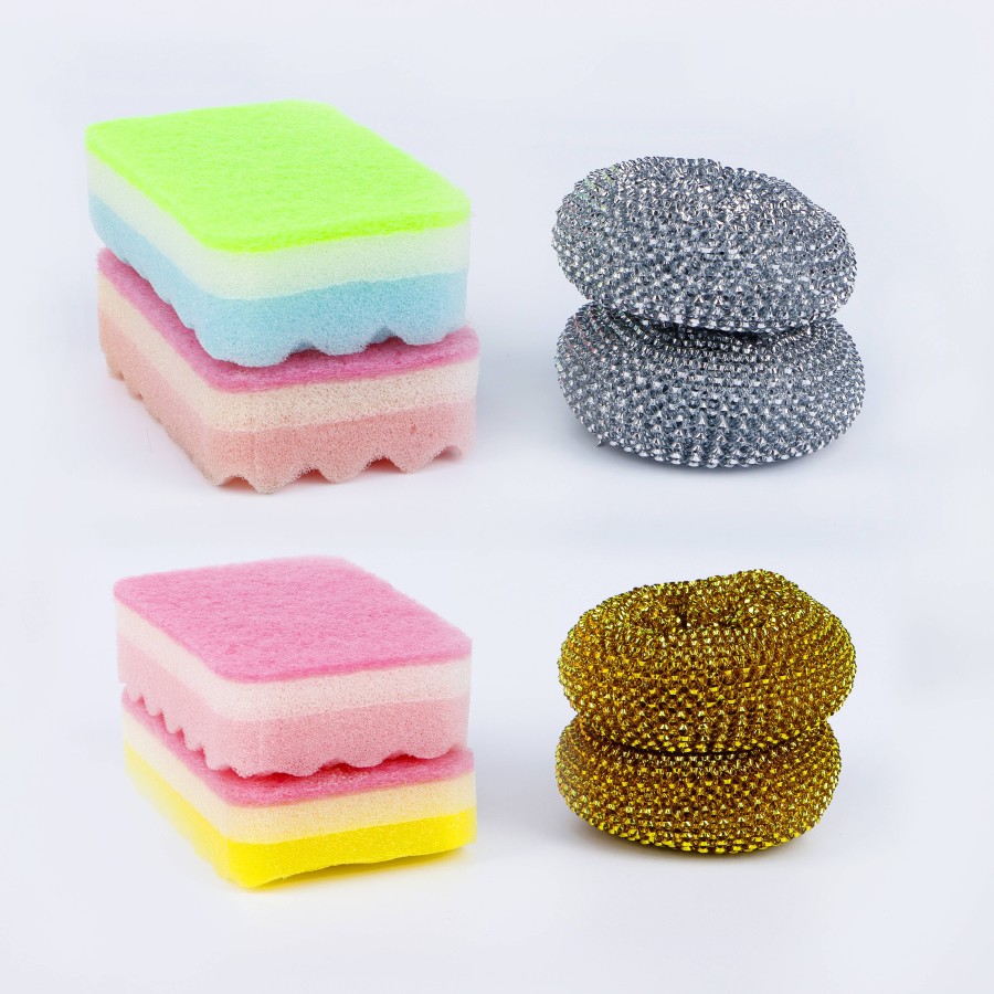 Generic 4pc Stainless Steel Scourer & Sponge Combo Pack - 2 Color Pack