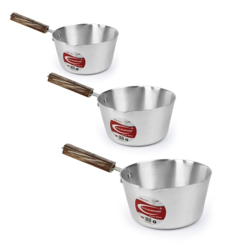 KITCHENMARK 3pcs Aluminium Milk Pan Set Wooden Handle- 2L, 2.5L, 3.8L