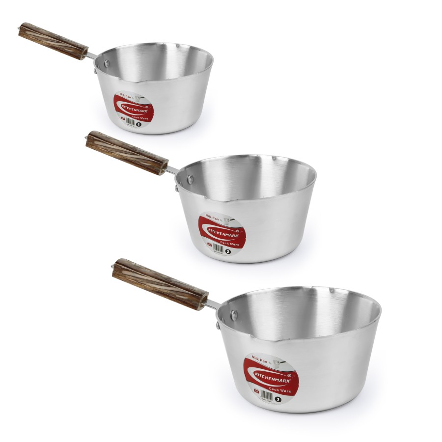 KITCHENMARK 3pcs Aluminium Milk Pan Set Wooden Handle- 2L, 2.5L, 3.8L