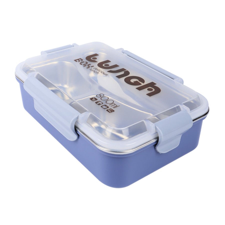 Generic 3 Compartment Stainless Steel Lunch Box with Cutlery 800ml - Purple