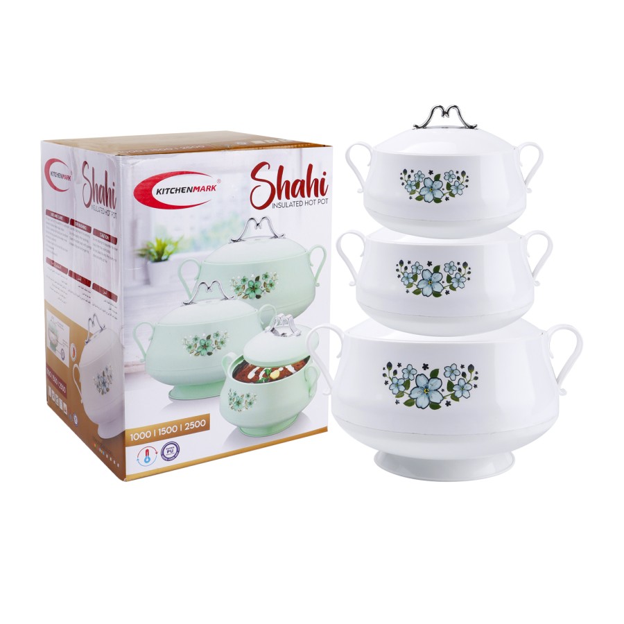 KITCHENMARK 3pcs Shahi Stainless Steel Insulated Hotpot 1000ml, 1500ml, 2500ml - White