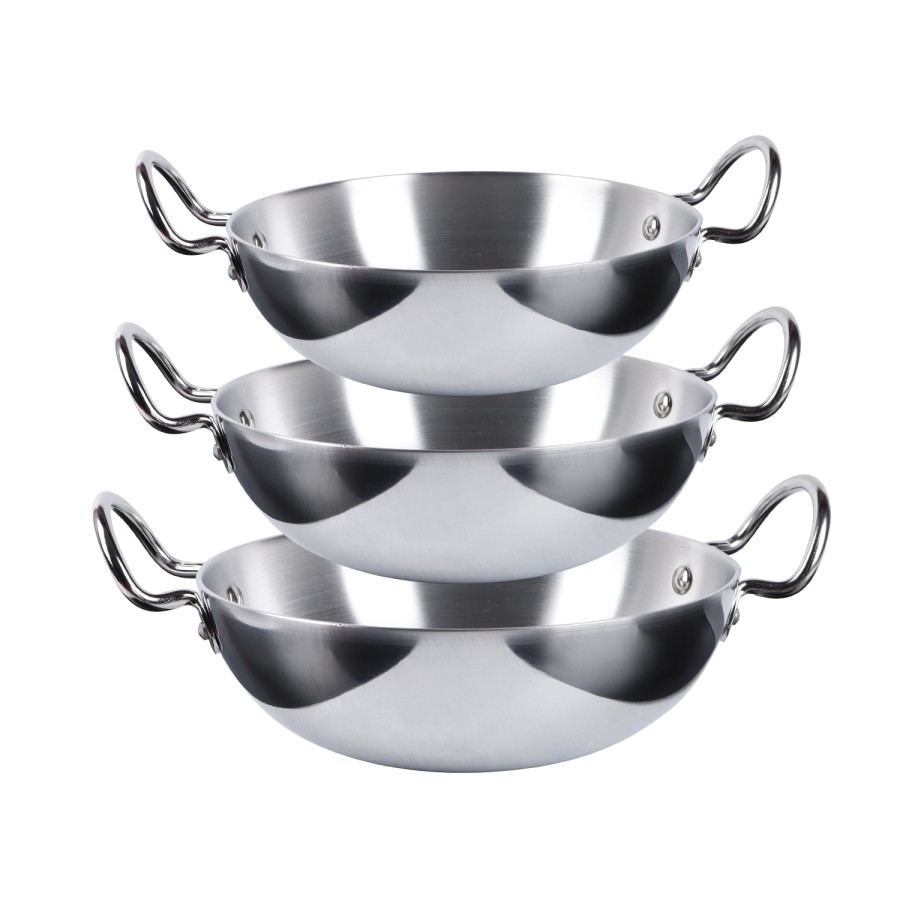 KITCHENMARK 3pc Aluminum Woks Shallow Kadai Set 21cm, 23cm, 25cm - Mirror Polished