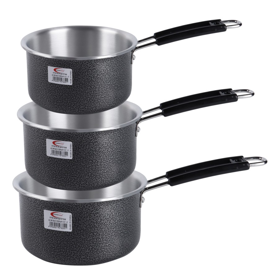 KITCHENMARK 3pc Aluminium Sauce Pan 15cm, 16.5cm, 18.5cm - Black