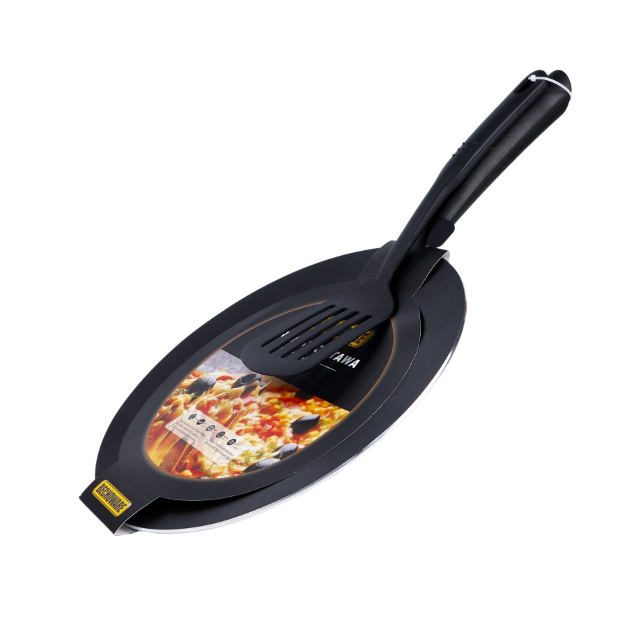 BECHOWARE 2pc Set of 28cm Nonstick Tawa with Slotted Turner - Black