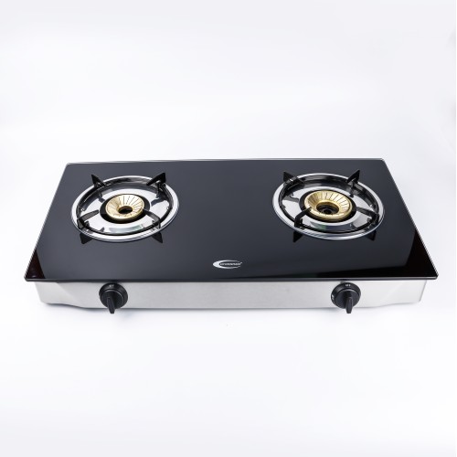 KITCHENMARK Tempered Glass Double Burner Table Top Gas Stove - Black