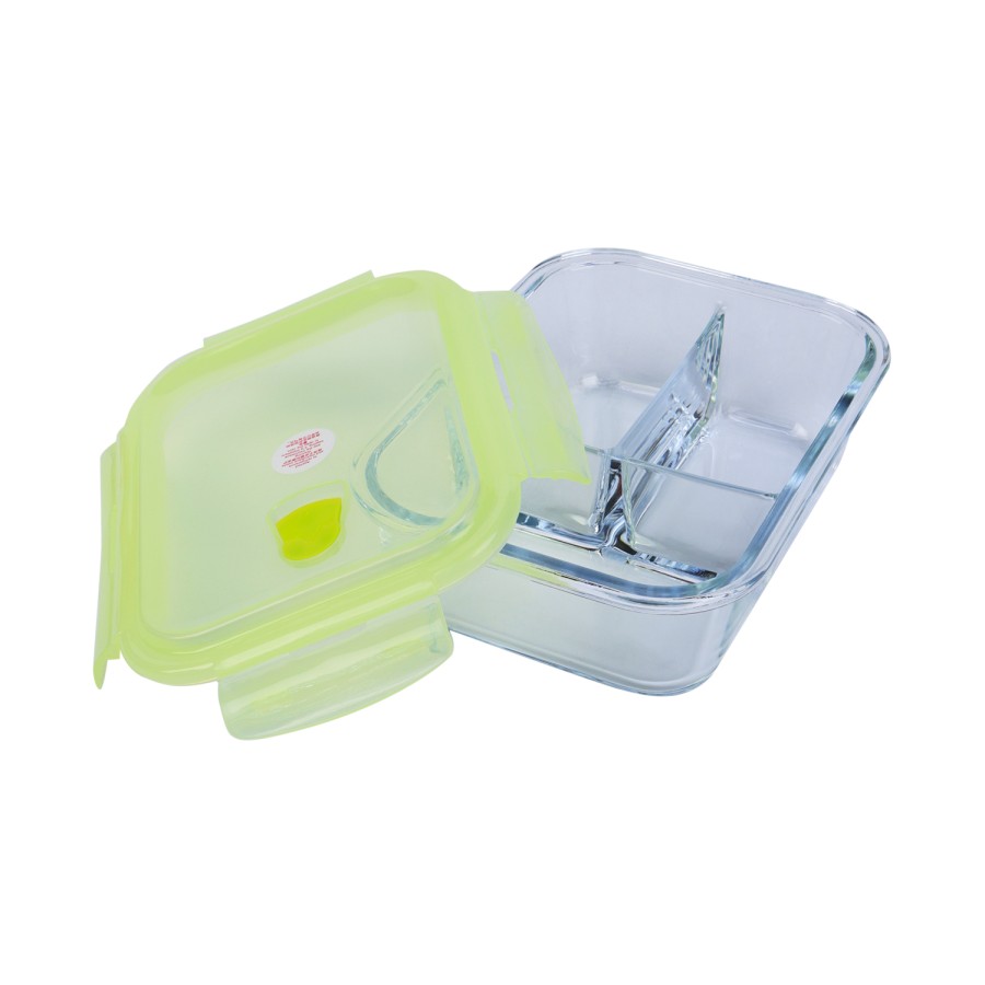 Generic Glass Storage Rectangular 3 Compartment Food Container 1040ml - Green