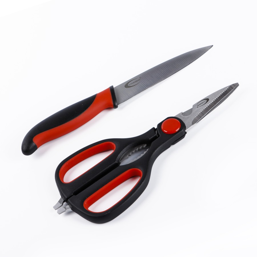 KITCHENMARK Stainless Steel Kitchen Scissors & Utility Knife 2pc Combo Pack - Red