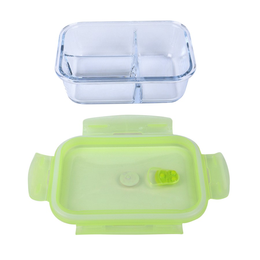 Generic Glass Storage Rectangular 3 Compartment Food Container 1040ml - Green