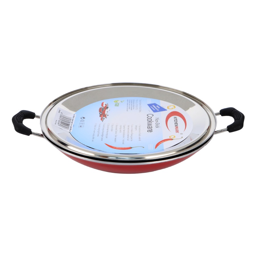 KITCHENMARK Nonstick Cookware Appam Aluminium Pan with Lid 21cm - Red