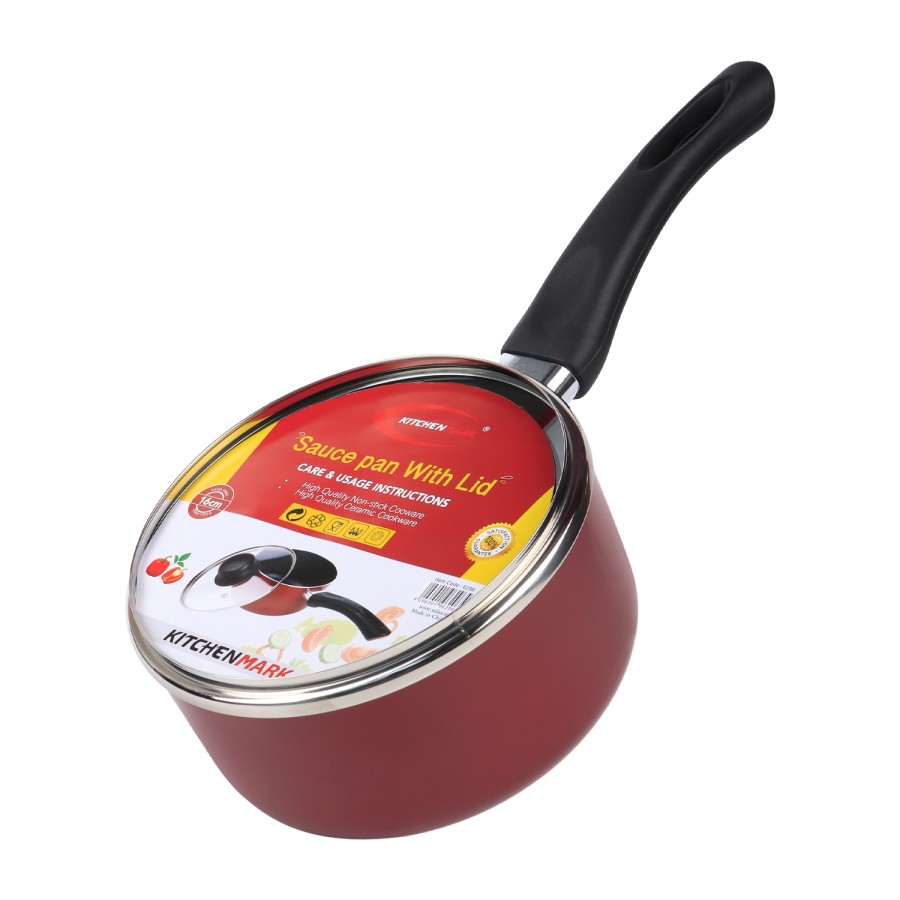 KITCHENMARK Nonstick Aluminium Saucepan with Glass Lid 16cm - Red