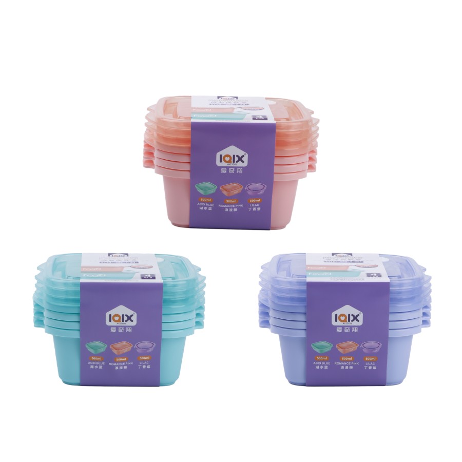 Generic Plastic Square 4pc Microwavable Food Storage Container 500ml - 3 Color Pack