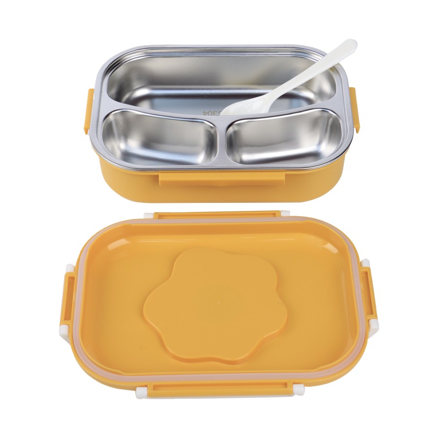 Generic 3 Compartment Stainless Steel Interior with Plastic Exterior Airtight Lunch Box 24cm- Yellow