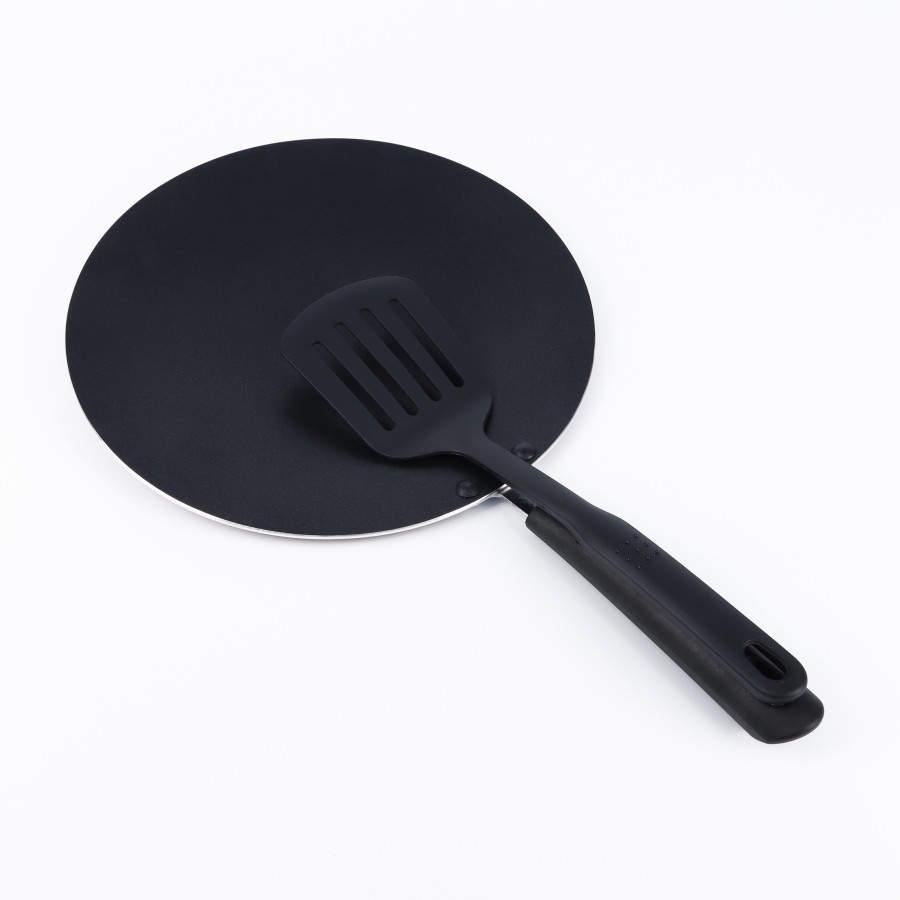 BECHOWARE 2pc Set of 28cm Nonstick Tawa with Slotted Turner - Black