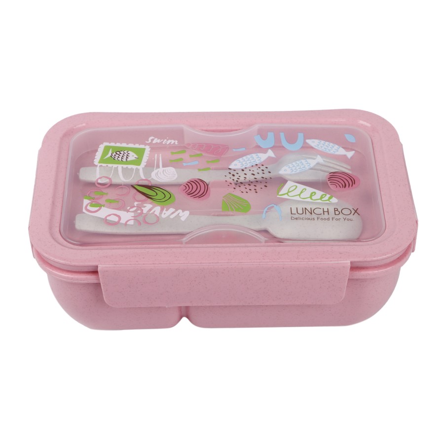 Generic Plastic Rectangular Airtight Lunch Box With Plastic Fork And Spoon 21cm - Pink