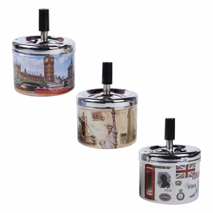 Generic Round Metalic London Ashtray 13cm - 3 Design Pack