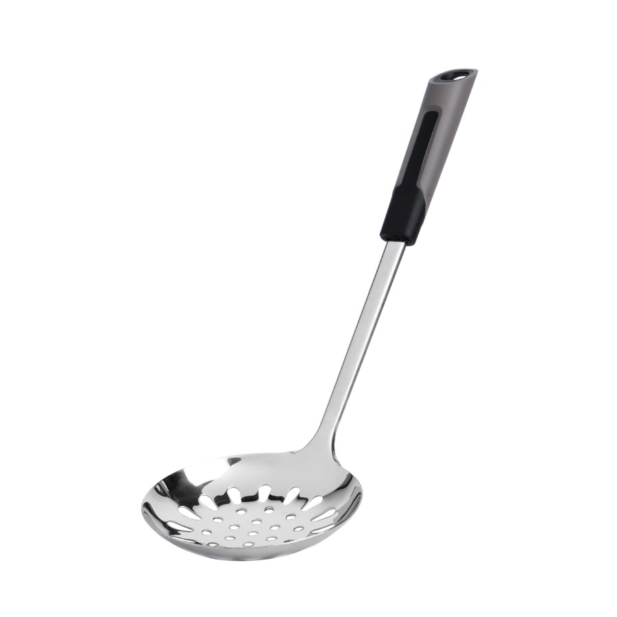 Generic Stainless Steel Skimmer Slotted Spoon 35cm - Plastic Silicon Handle Black