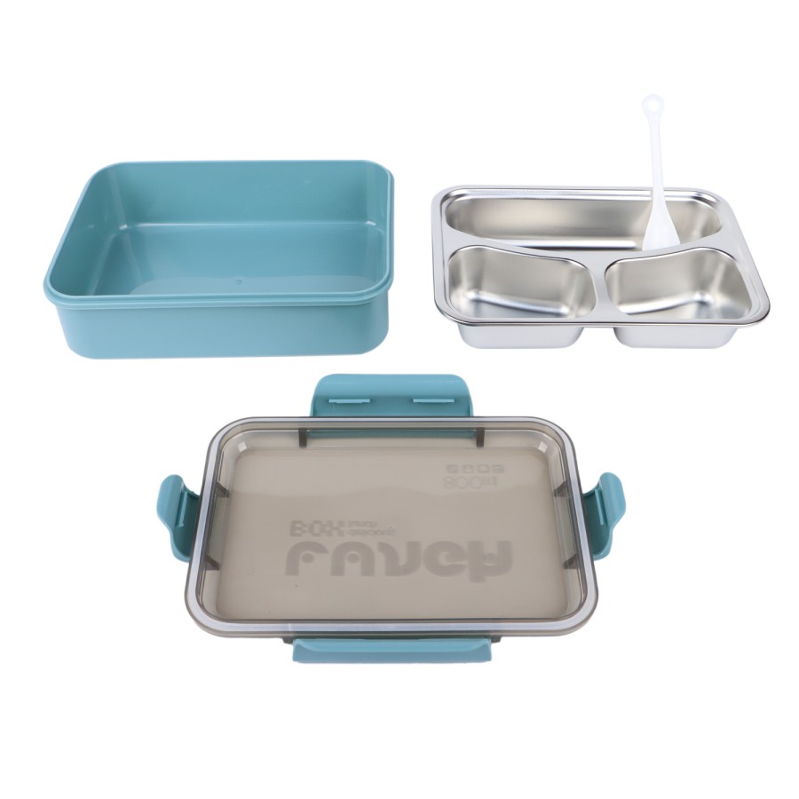 Generic 3 Compartment Stainless Steel Lunch Box with Cutlery 800ml - Green