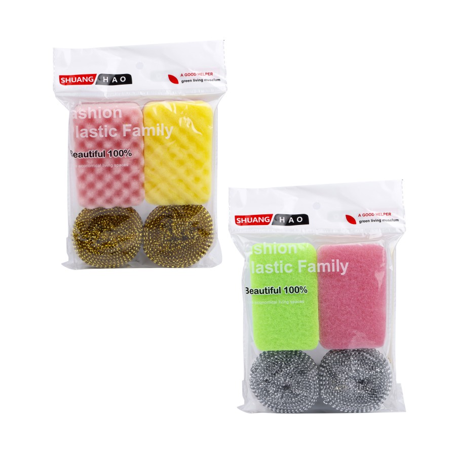 Generic 4pc Stainless Steel Scourer & Sponge Combo Pack - 2 Color Pack