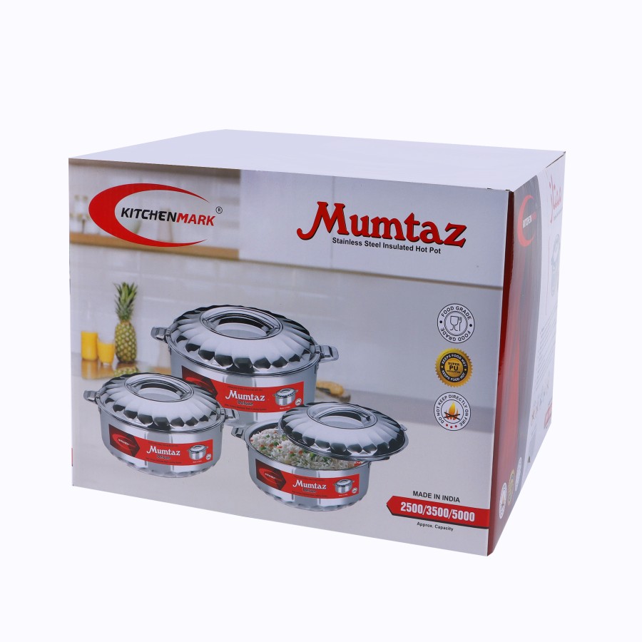 KITCHENMARK 3pc Mumtaz Stainless Steel Insulated Hot Pot 2.5L,3.5L,5L - Silver