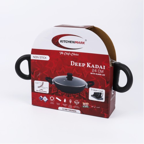 KITCHENMARK 2-way Non Stick Deep Kadai with glass Lid 24cm - Black