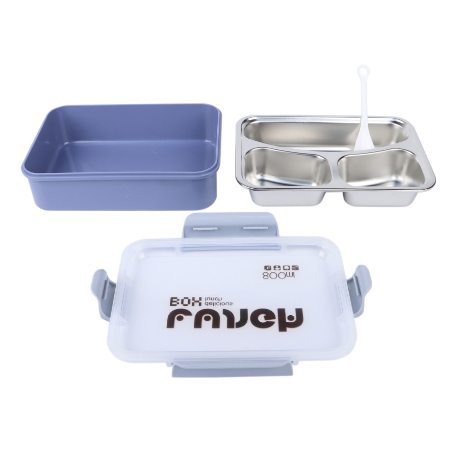 Generic 3 Compartment Stainless Steel Lunch Box with Cutlery 800ml - Purple