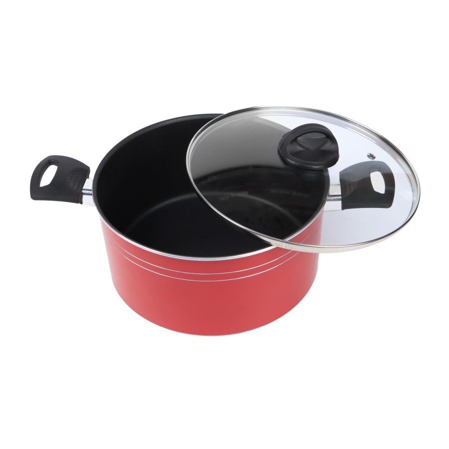 KITCHENMARK Nonstick Aluminium Casserole with Glass Lid 24cm - Red