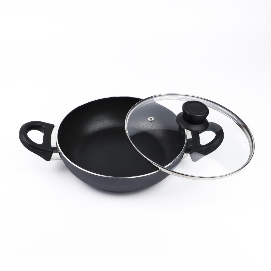 KITCHENMARK 2-way Non Stick Deep Kadai with glass Lid 26cm - Black