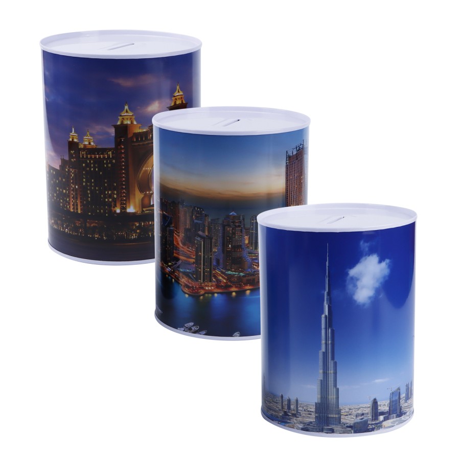 Generic Metallic Dubai Themed Coin Box Size XXL 16cm - 3 Color Pack