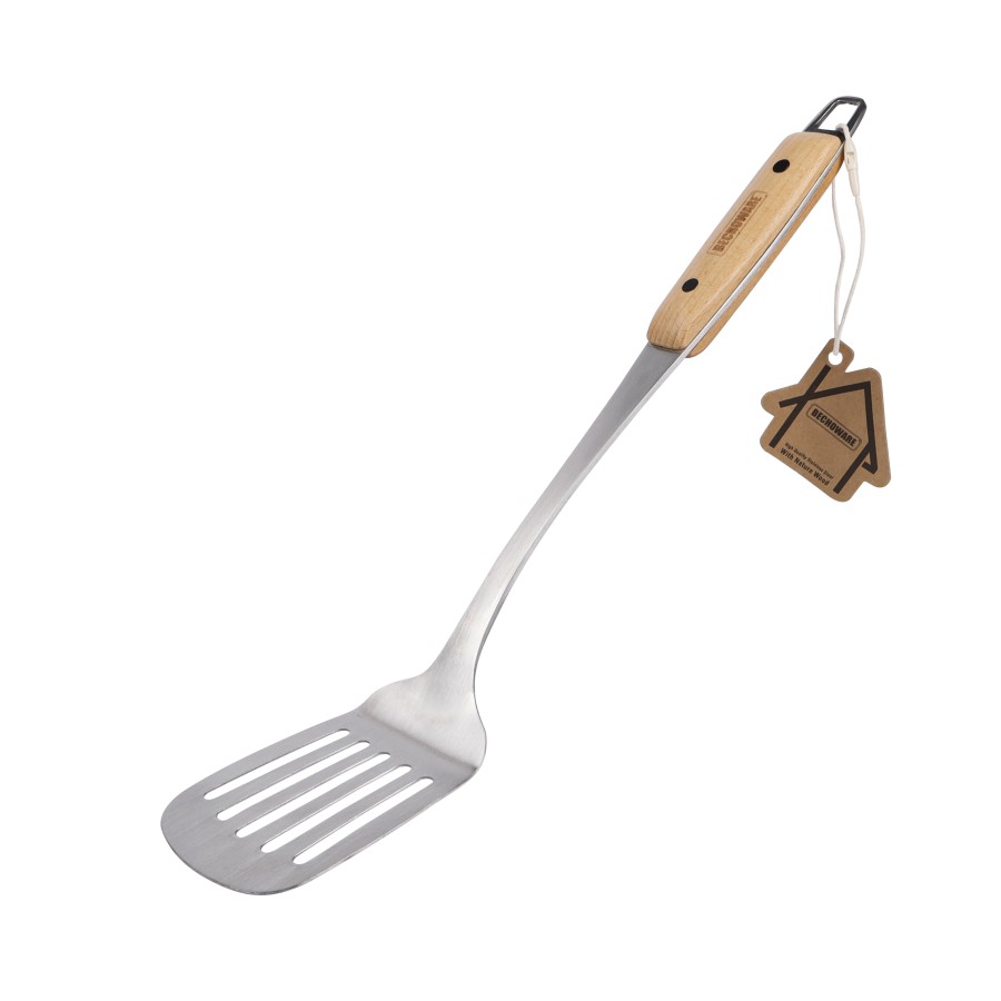 BECHOWARE Stainless Steel Wooden Handle Slotted Turner Spatula 36.5cm