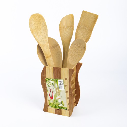 KITCHENMARK 5pc Bamboo Kitchen Spoon Set with Cutlery Holder