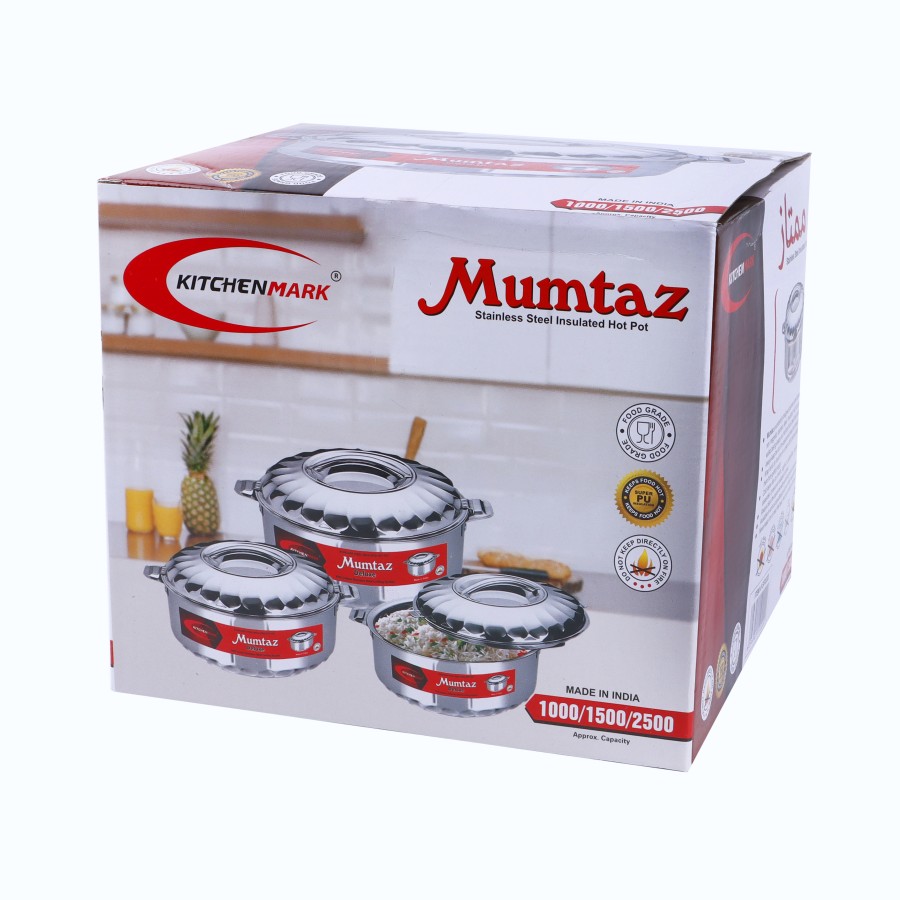 KITCHENMARK 3pc Mumtaz Stainless Steel Insulated Hot Pot 1L,1.5L,2.5L - Silver