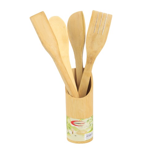 KITCHENMARK 4pc Bamboo Kitchen Spoon Set with Cutlery Holder