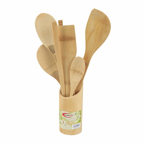 KITCHENMARK 6pc Bamboo Kitchen Spoon Set with Cutlery Holder