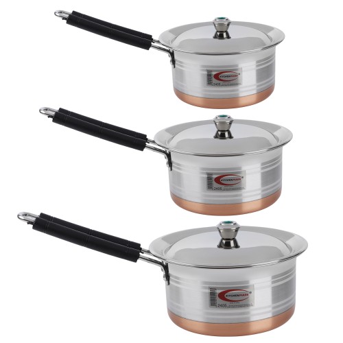 KITCHENMARK 3pc Multisize Stainless Steel Milk Pan Sauce Pan Copper Bottom with Lid