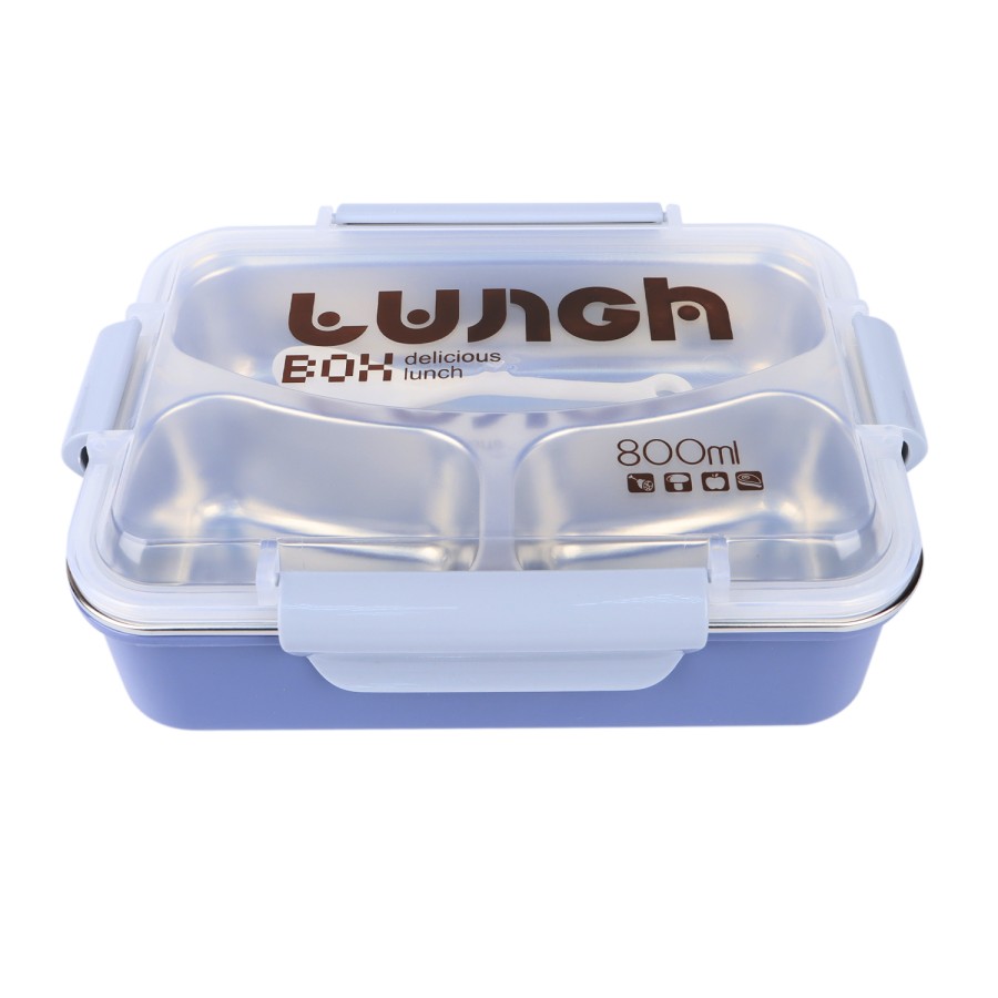 Generic 3 Compartment Stainless Steel Lunch Box with Cutlery 800ml - Purple