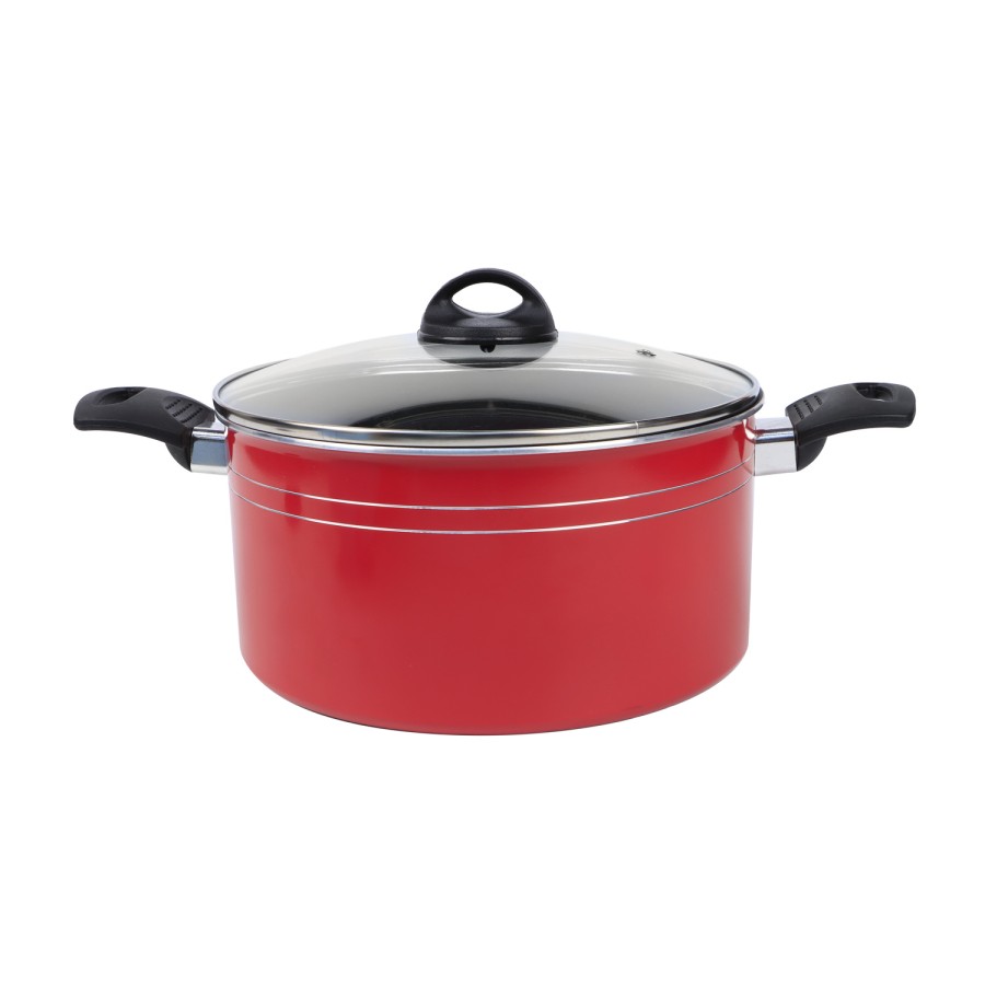 KITCHENMARK Nonstick Aluminium Casserole with Glass Lid 24cm - Red