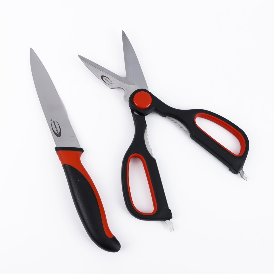 KITCHENMARK Stainless Steel Kitchen Scissors & Utility Knife 2pc Combo Pack - Red