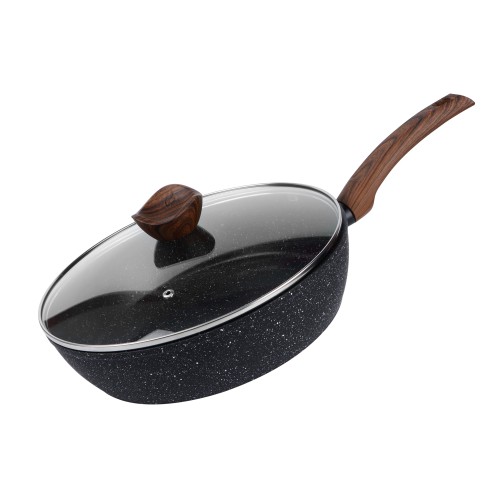 BECHOWARE 28cm Nonstick Aluminium with Marble Coating Frying Pan with Glass Lid - Black