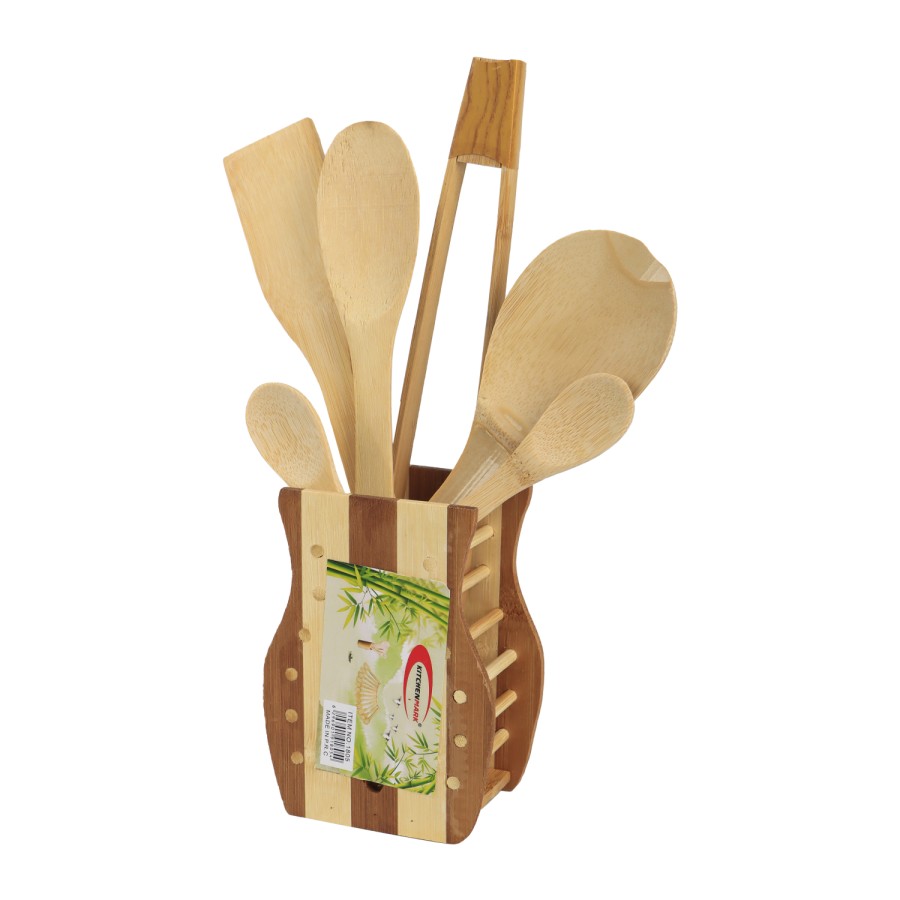 KITCHENMARK 6pc Bamboo Kitchen Spoon Set with Cutlery Holder